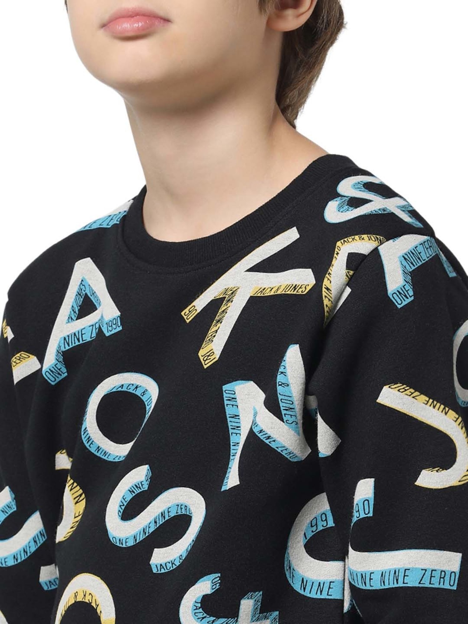 Jack & Jones Junior Jet Black Printed Full Sleeves Sweatshirt