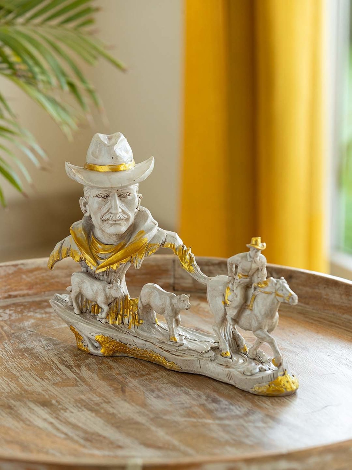 ExclusiveLane White & Golden Resin Cowboy With Horse Rider Showpiece