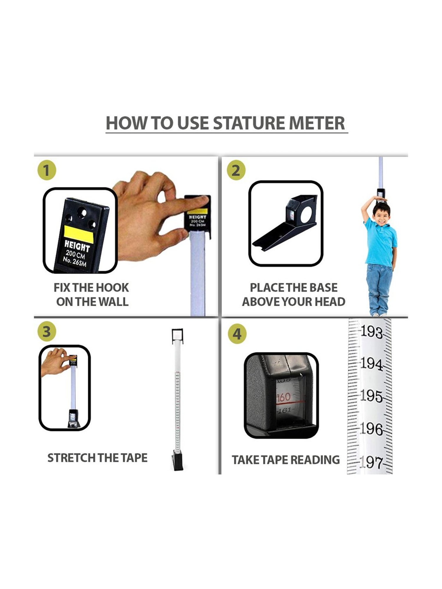 MCP 2mtr/200cm Roll Ruler Wall Mounted Height Measuring Tape (Black)