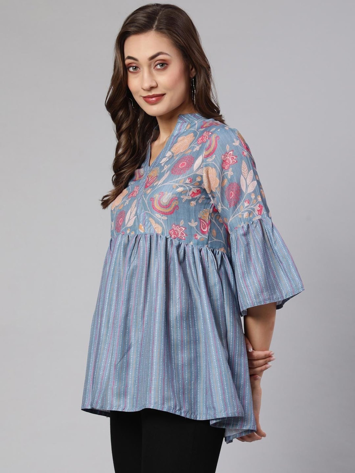 Jaipur Kurti Grey Floral Peplum Top