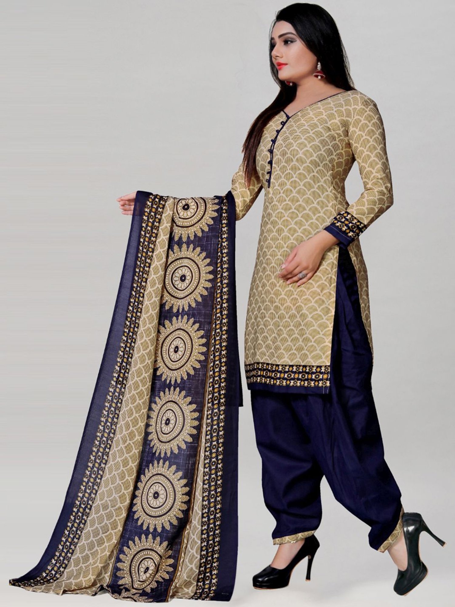 Satrani Beige & Blue Printed Unstitched Poly Cotton Dress Material