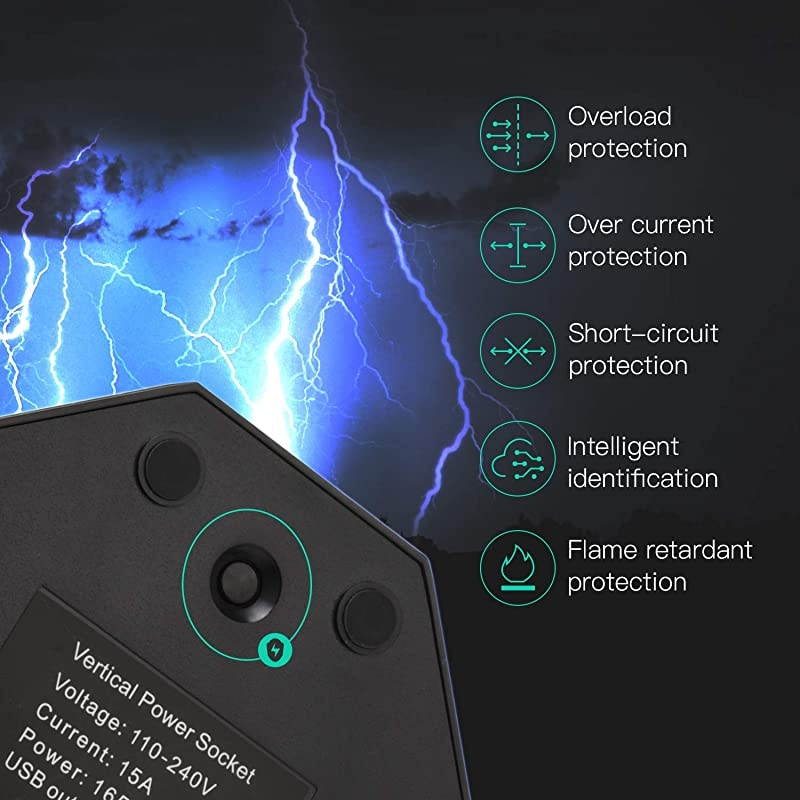 Power Strip Tower  8 AC Outlets 3000W 15A and 4 USB Slots 8A Desktop Smart Charging Station Multiple Protection with Heavy Duty 6.5ft 14 AWG Extension Cord for Home Office