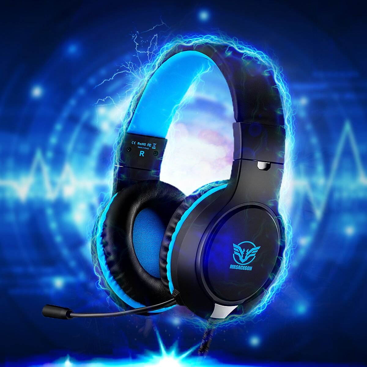 Gaming Headset for Xbox One, PS4,Nintendo Switch Bass Surround and Noise Cancelling with Flexible Mic, 3.5mm Wired Adjustable Over-Ear Headphones for Laptop PC iPad Smartphones (Blue-Black)