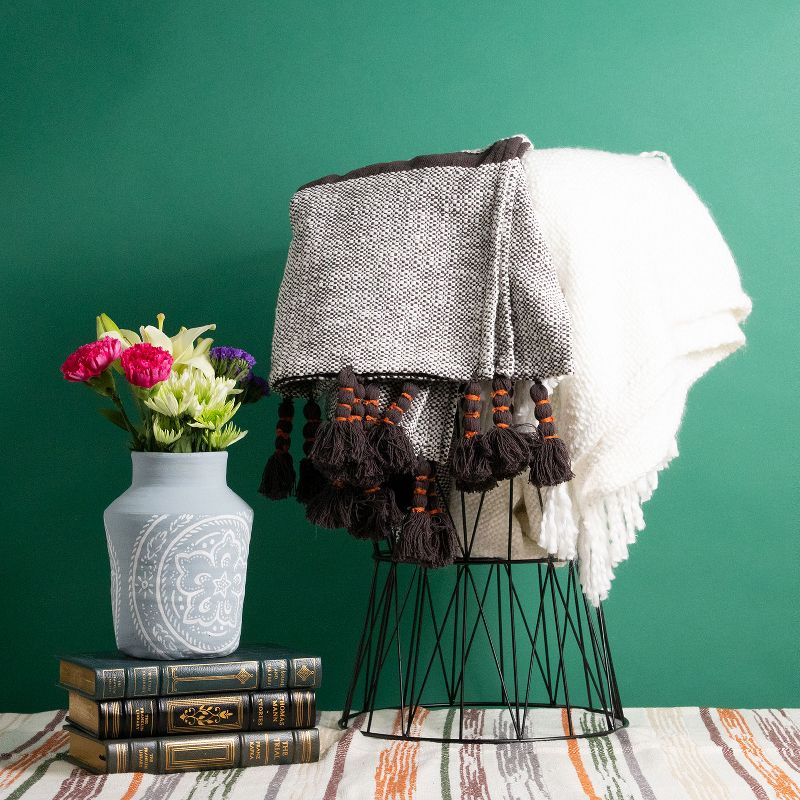 White Hand Woven 50 x 60 inch Acrylic Throw Blanket with Hand Tied Fringe  - Foreside Home & Garden