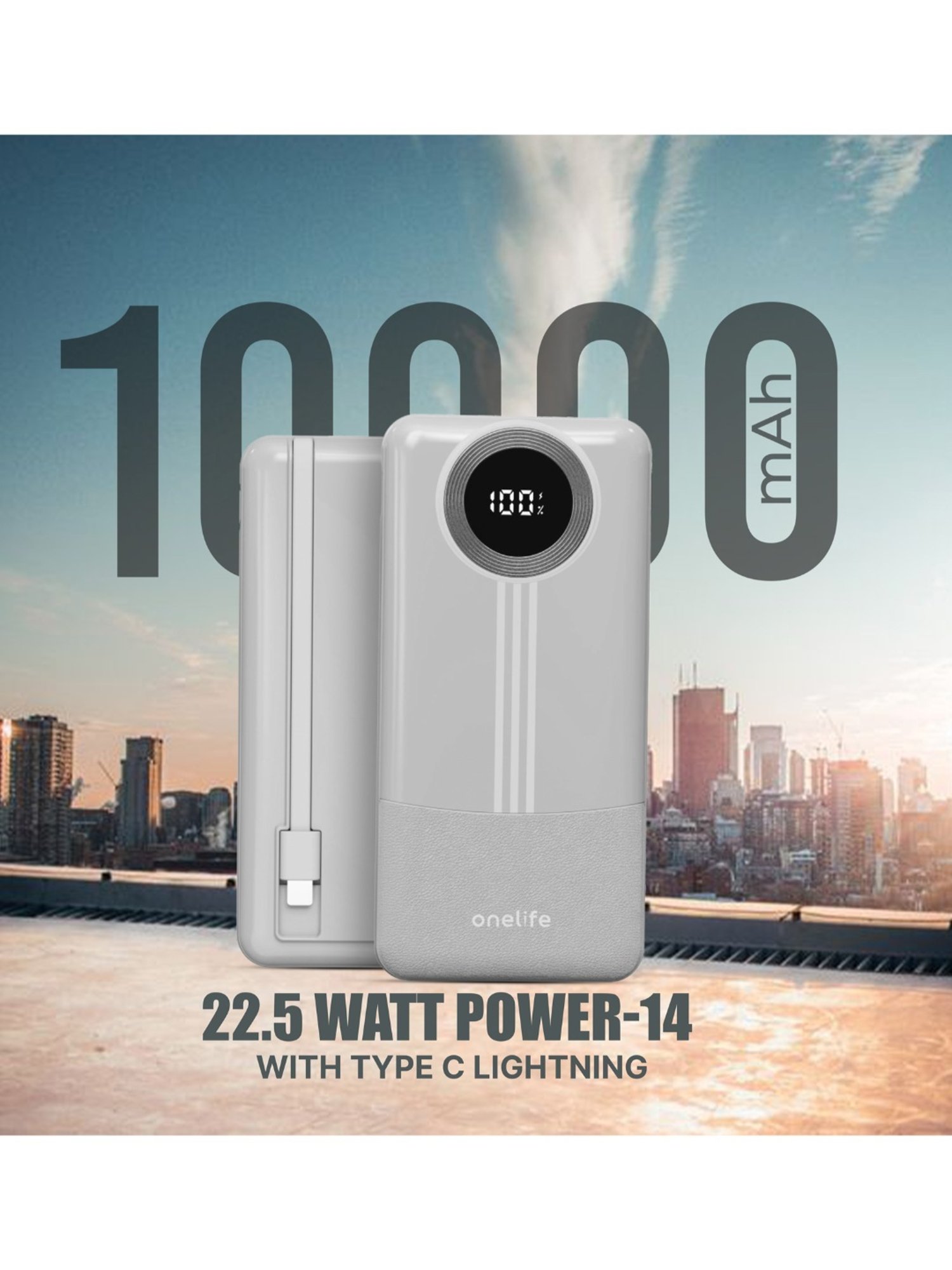 Onelife Power 14, 10000 mAh 22.5W Slim Quick Charge Power Bank (White)