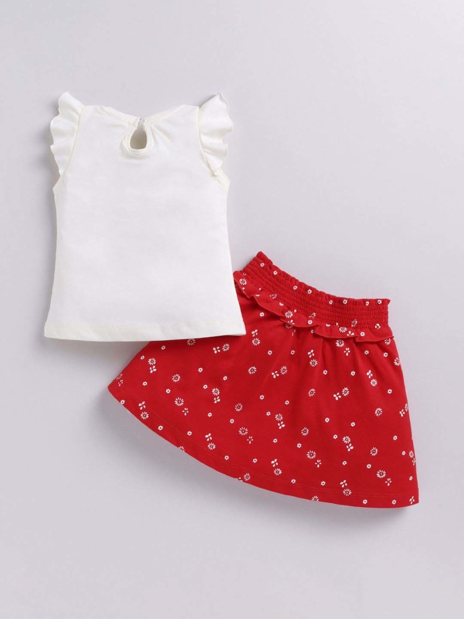 ANNIE Girls Off White & Red Cotton Printed Top & Skirt Set