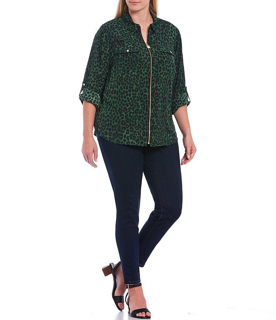MICHAEL Michael Kors Plus Size Mega Cheetah Print Point Collar Neck Roll-Tab Long Sleeve Zip Front Top