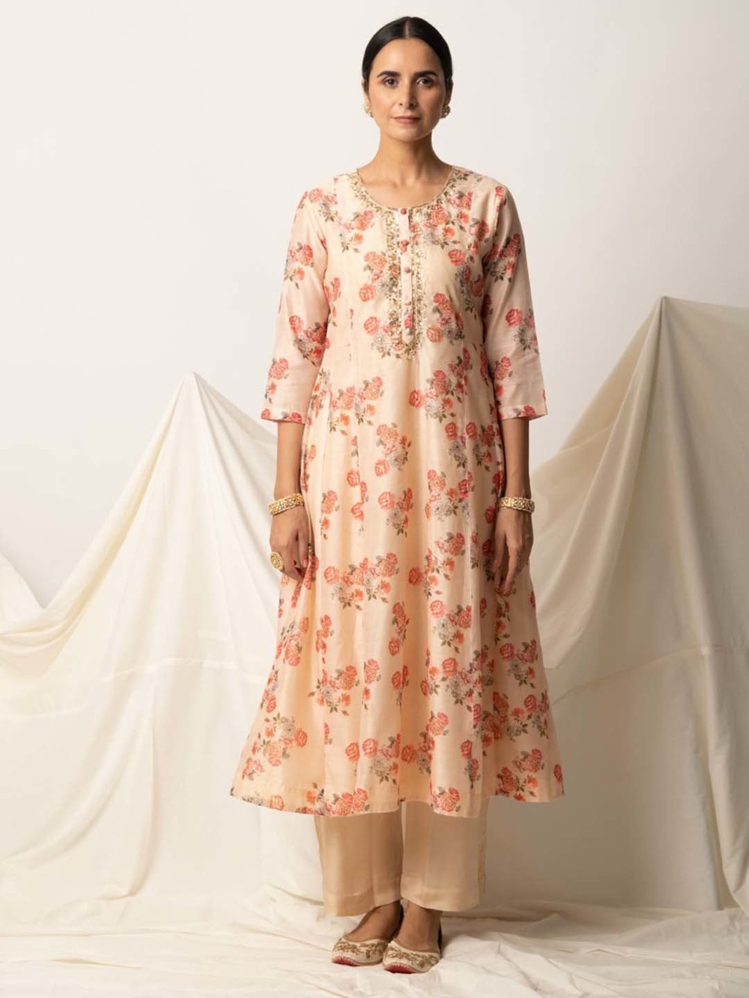 Ekohum Butter Yellow Floral Print A-Line Kurta