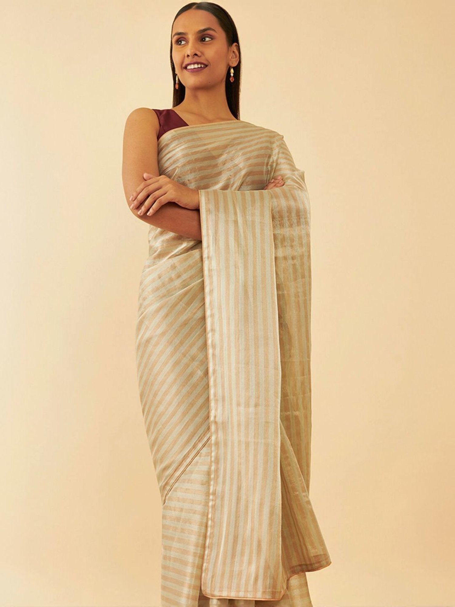 Taneira Beige Striped Saree With Unstitched Blouse