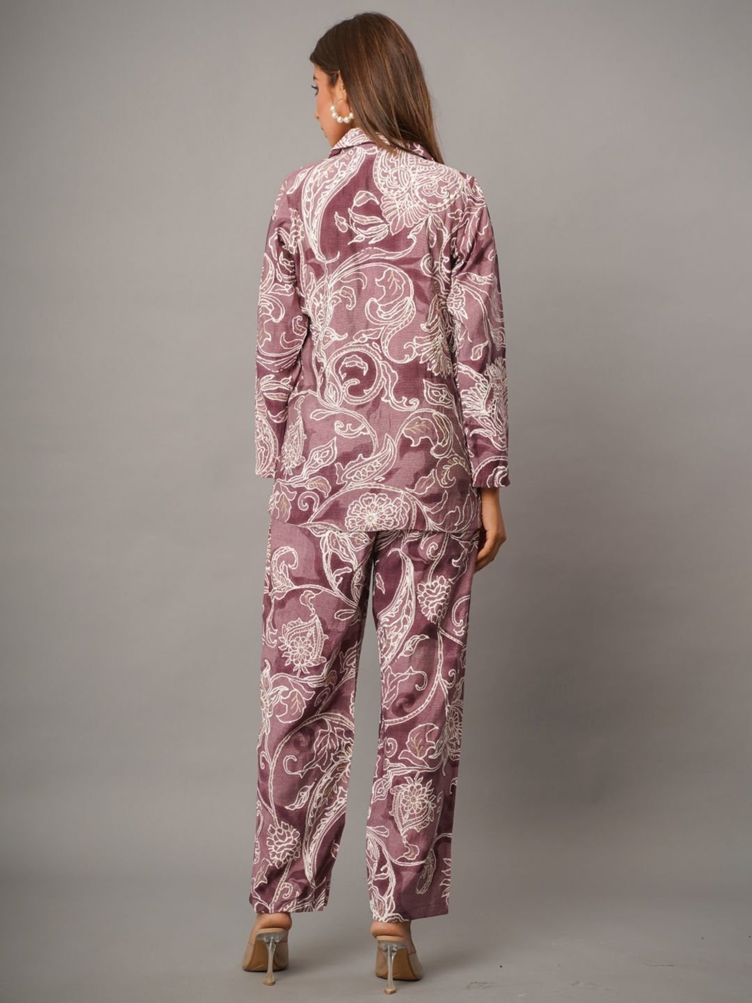 Zolo Label Purple Printed Top Pant Set With Blazer