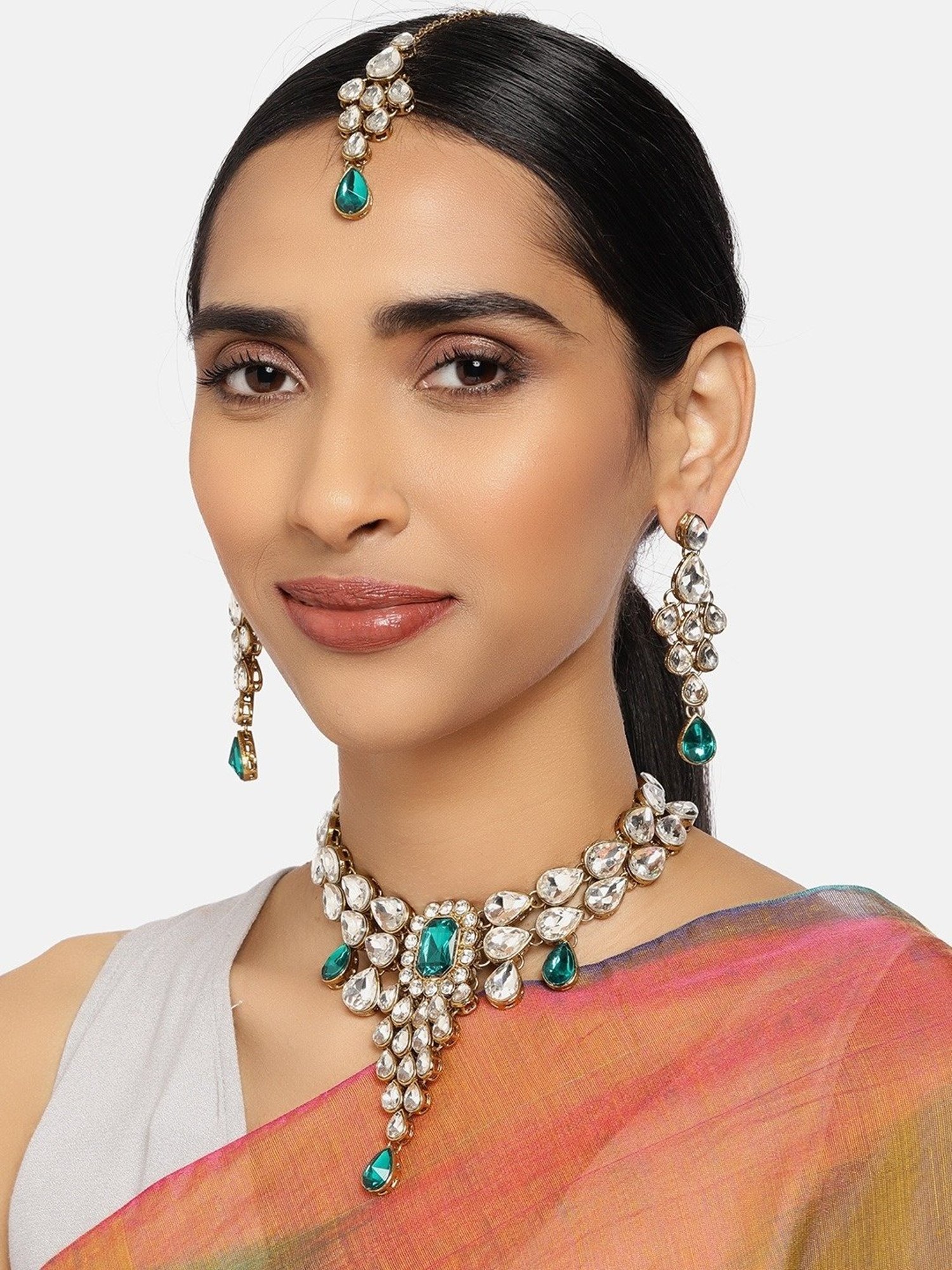 Zaveri Pearls Green & White Stones Wedding Collection Necklace Earring & Maangtikka Set-ZPFK9967