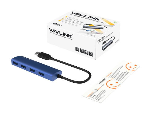 Wavlink 4-Port USB3.0 Hub, USB 3.0 Portable Aluminum Hub, USB Extension Multi-function Hot Swapping, plug and play, Built-in surge protectors, for Mac, MacBook, MacBook Pro/Air/Mini, or any PC - Blue
