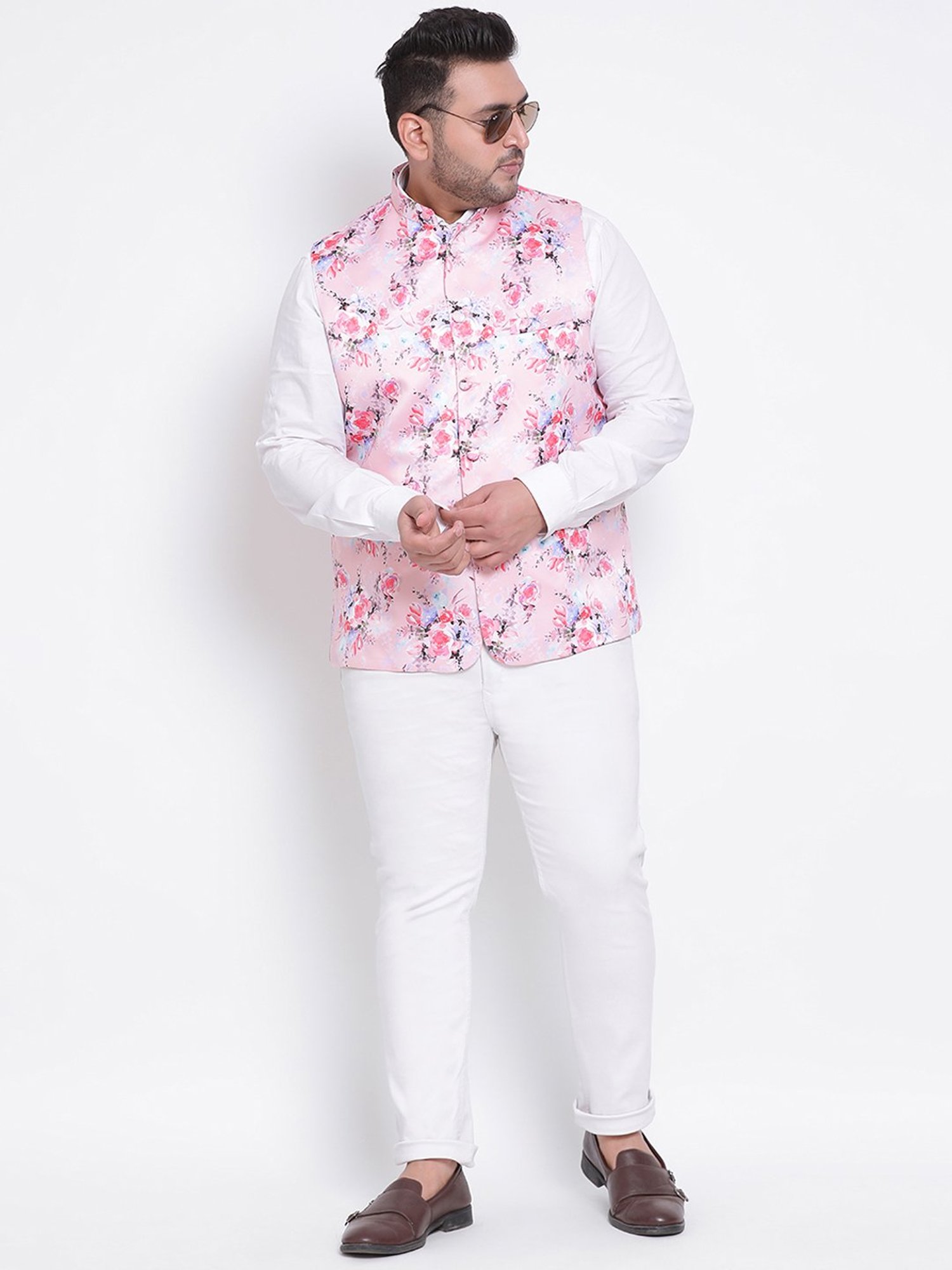 Hangup Plus Pink Regular Fit Floral Print Plus Size Nehru Jacket
