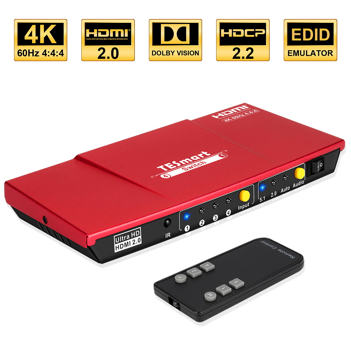 TESmart 4x1 HDMI Switch Ultra HD supports 4K@60Hz 4: 4: 4, 4-port HDMI switch 3DTV pass-through, Support S/PDIF and L/R audio out and IR remote control, For Xbox 360/One, PS4/PS3