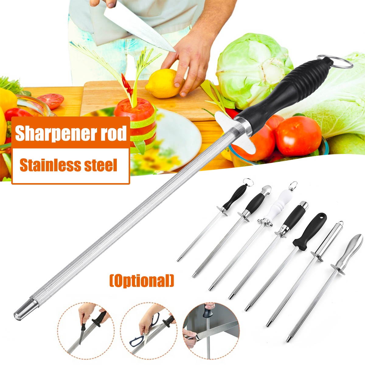 28-30CM Diamond Sharpening Rod Steel Stick Cutlery Kitchen Chef Sharpener Tool-G