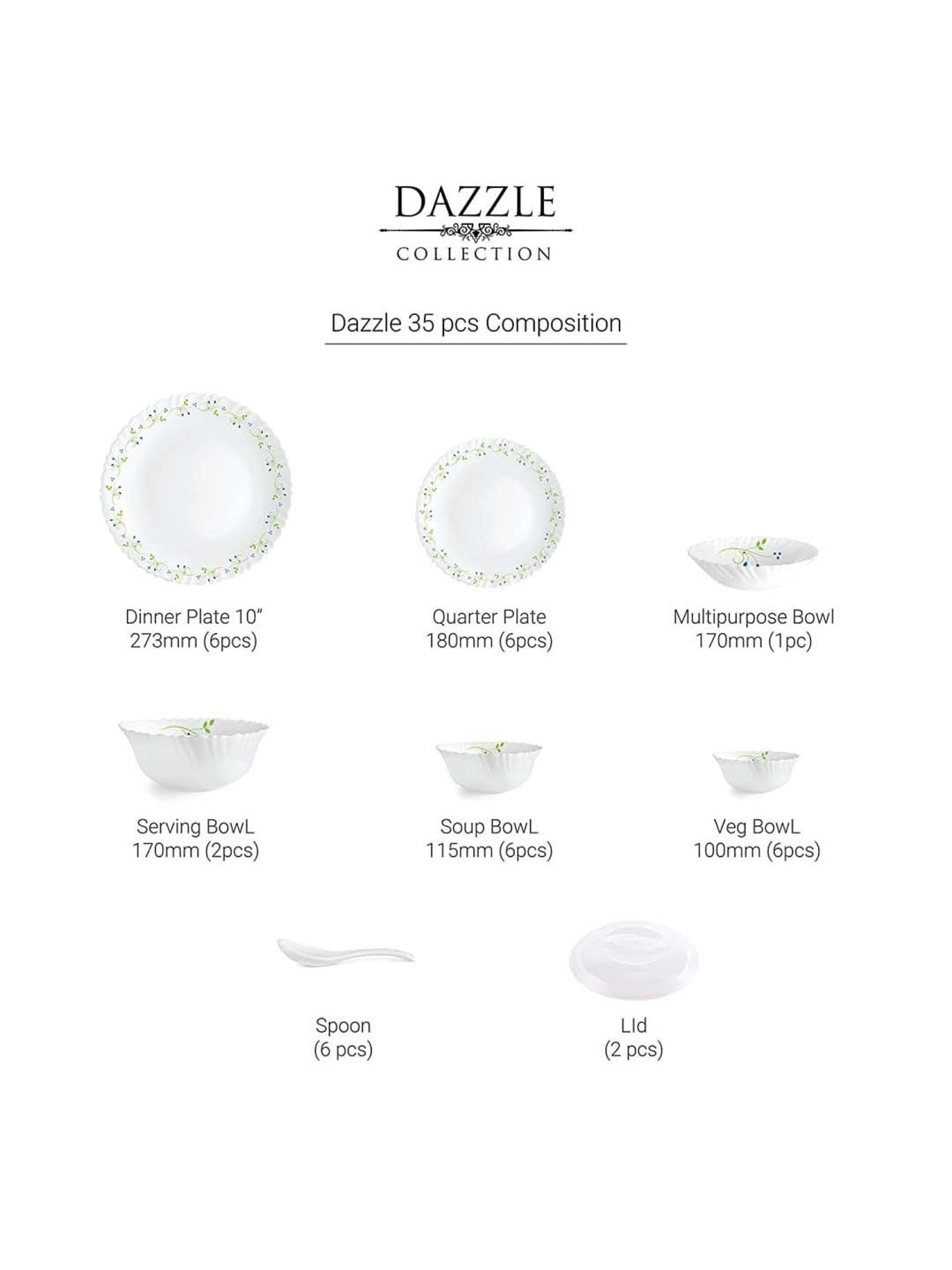 Cello Tropical Lagoon Dazzle Series White & Green Glass Dinner Set