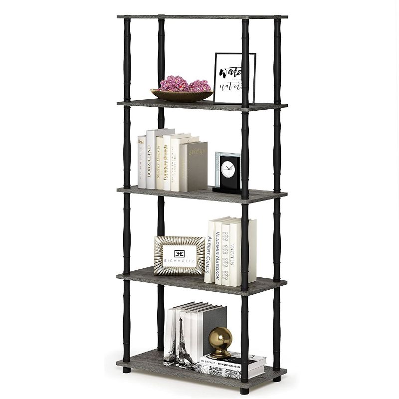 Furinno Turn-N-Tube 5 Tier Wooden PVC Corner Display Shelf and Bookcase for Living Room, Dining Room, Bedroom, & Office Spaces, French Oak Grey/Black