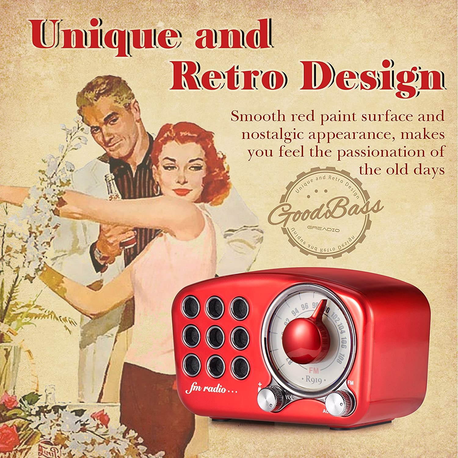 Retro Bluetooth Speaker, Vintage Radio FM Radio with Old Fashioned Classic Style, Strong Bass Enhancement, Loud Volume, Bluetooth 4.2 Wireless Connection, TF Card and MP3 Player (RED)
