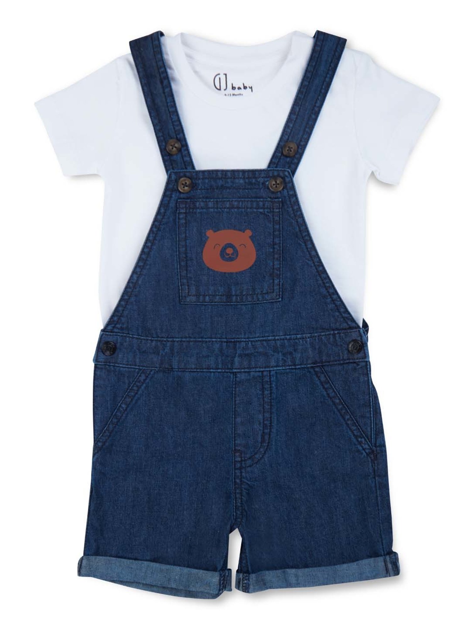 GJ baby Kids White & Blue Printed Dungaree Set