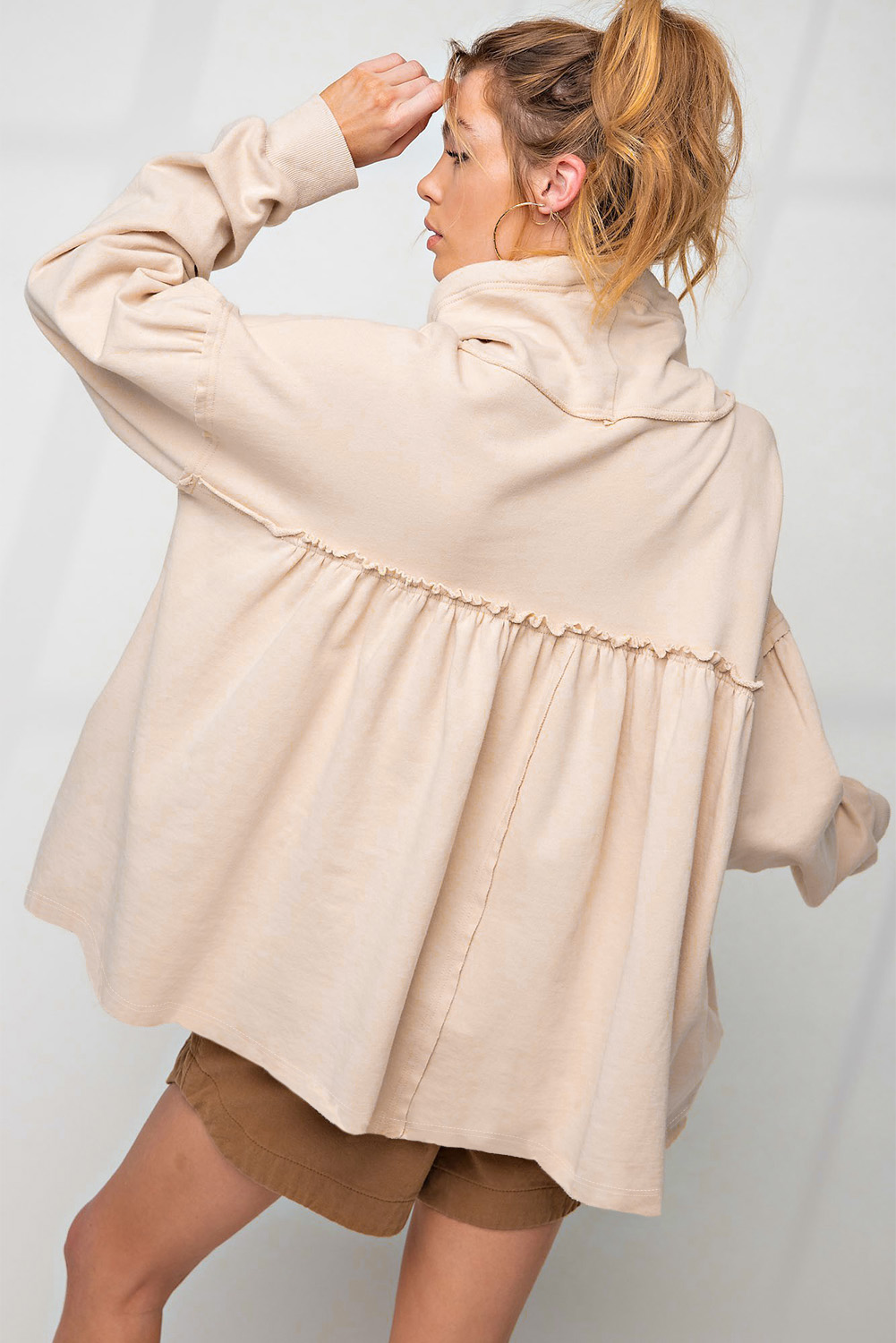 Beige Pullover Drawstring Cowl Neck Oversized Sweatshirt