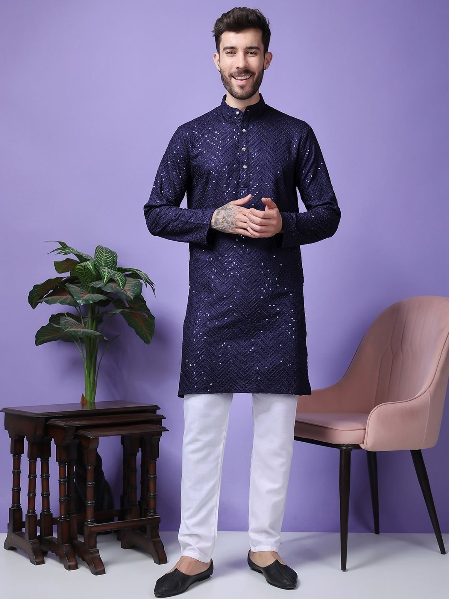 Hangup Navy Blue & White Regular Fit Embellished Kurta Bottom Set