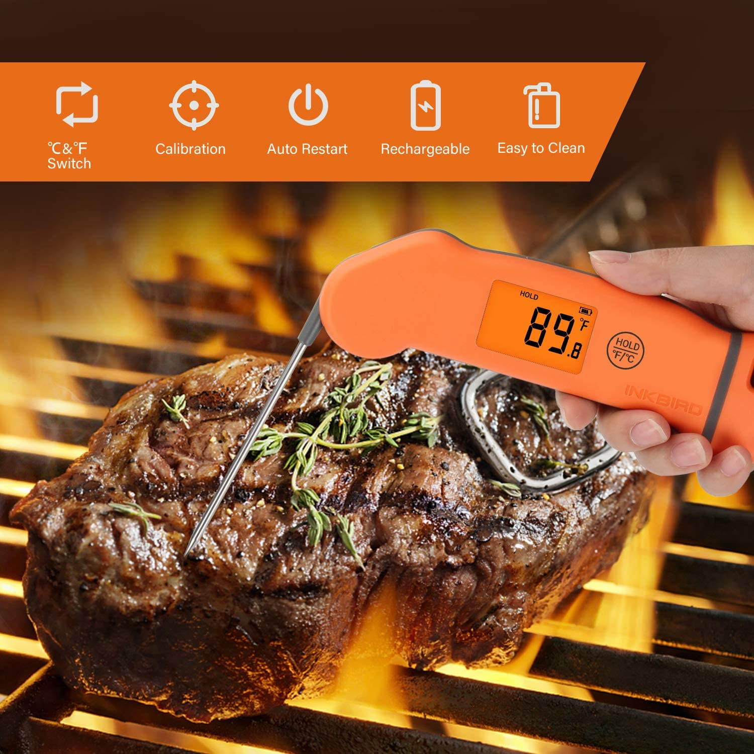 Inkbird Meat Thermometer IHT-1S Instant Read Thermometer Waterproof Digital Cooking Thermometer with Gravity Sensor,Automatic Rotating Display,Auto-on/Off,Auto Restart for Kitchen, Cooking,BBQ,Smoker