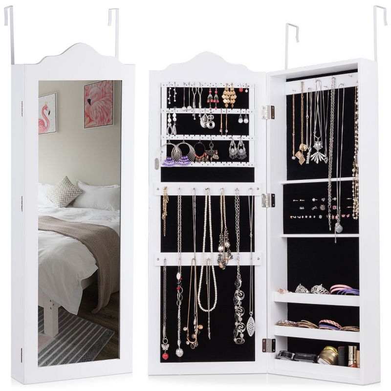 Costway Wall Mounted Mirrored Jewelry Cabinet Storage Organizer Home Decor