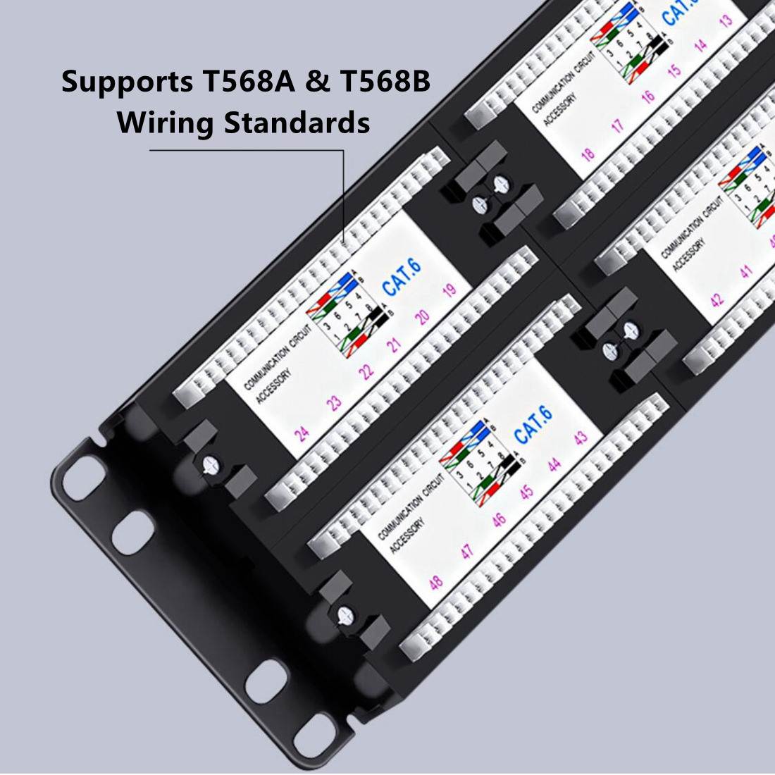 Yankok [Cat6 48 Port Patch Panel] Unshielded 19in.x2U Supports Cat5/5e Ethernet 568A/B Coded for RJ45 Network Rack/Wall Mount (Includes 1x Mini Cable Stripper Cutter, 4x Cable Ties, 4x Mount Screws)