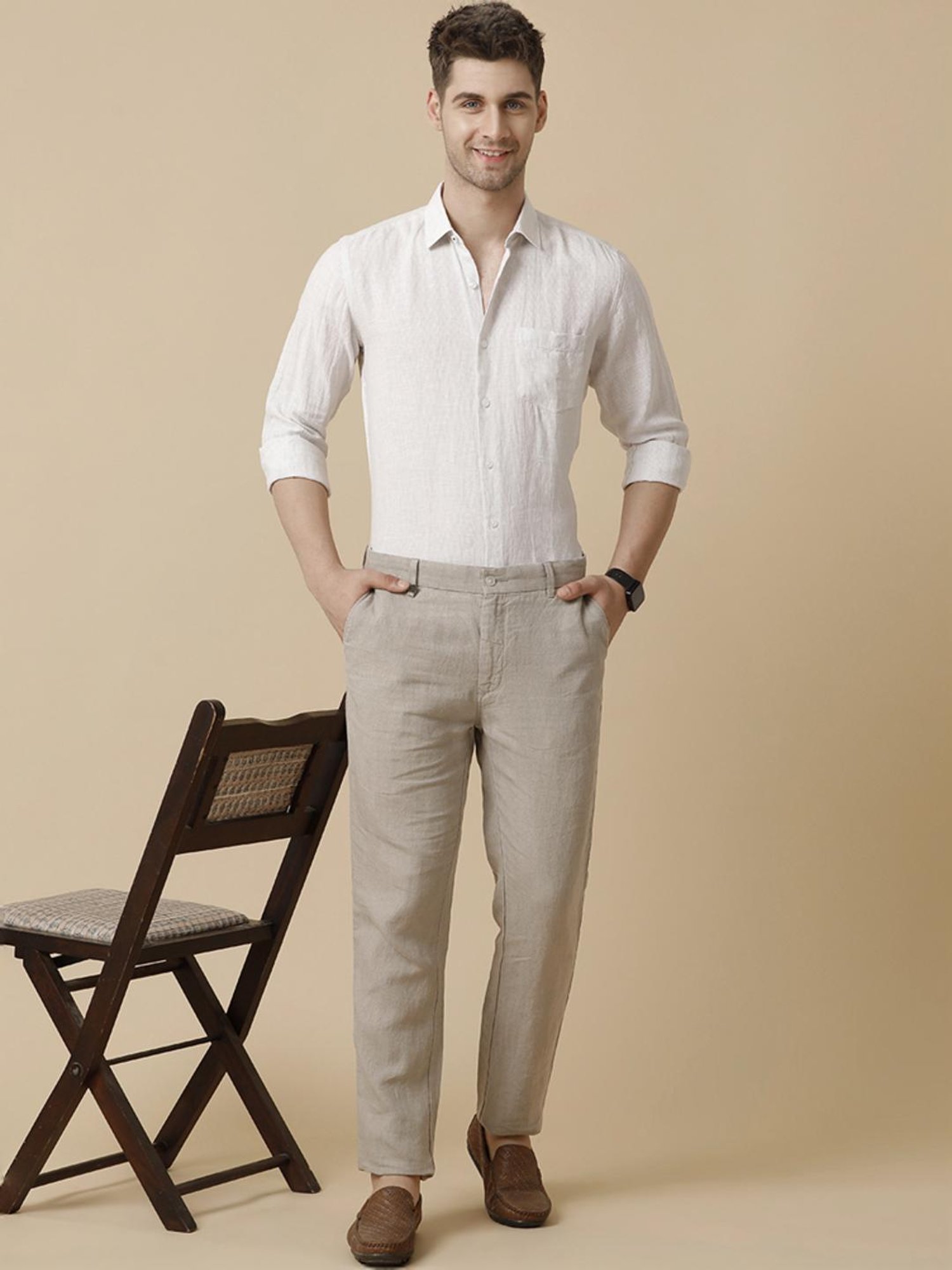 Linen Club Brown Linen Contemporary Fit Texture Shirt