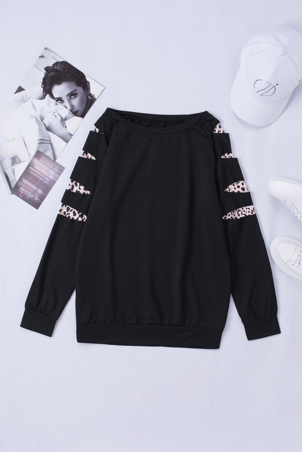 Blank Sweatshirt - Black Plaid Leopard Print Patchwork Long Sleeve Top Customized