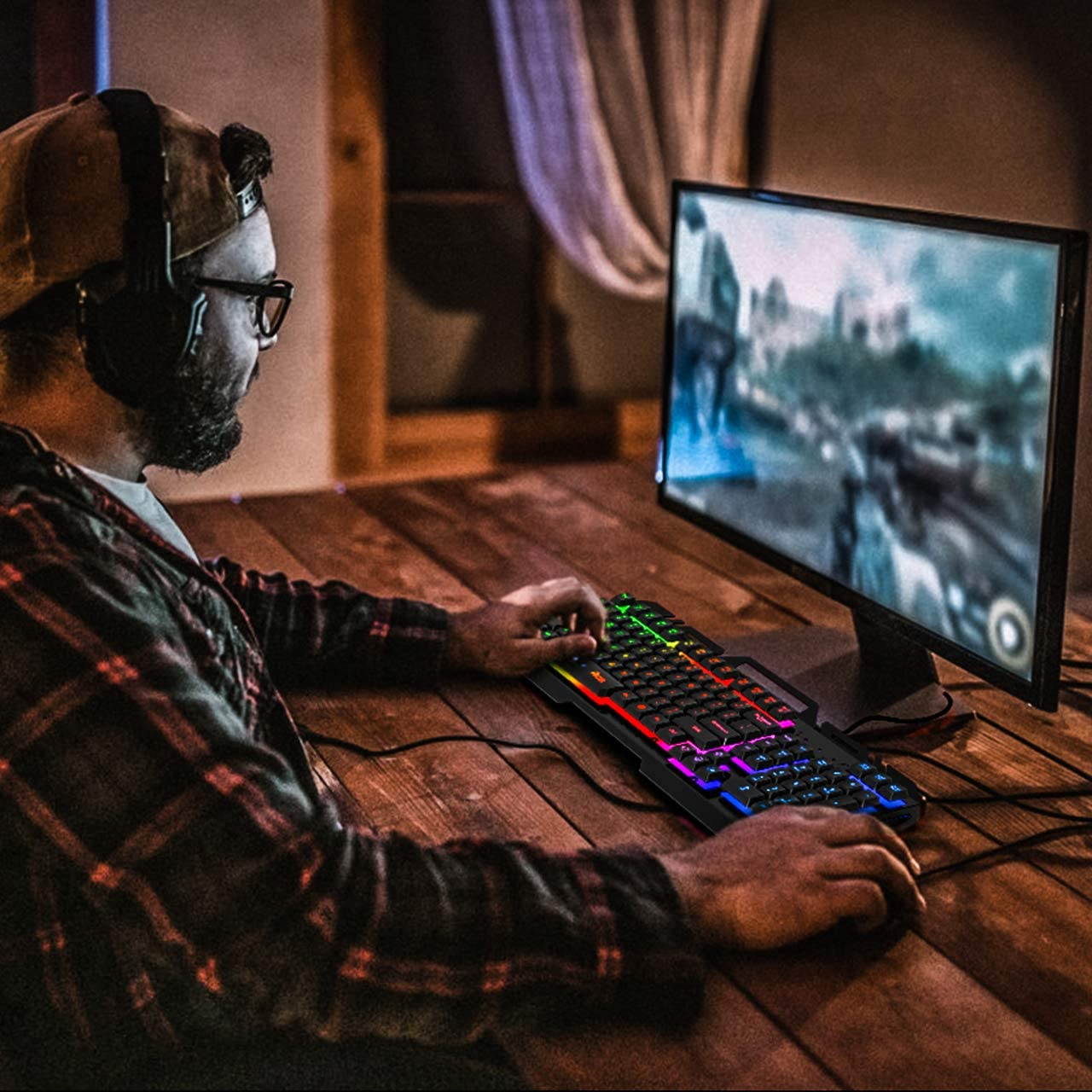 Gaming Keyboard, All-Metal Panel with Mechanical Feeling Colorful Rainbow LED Backlit USB Computer Wired Keyboard for PC/MAC/Desktop Pro Gamer