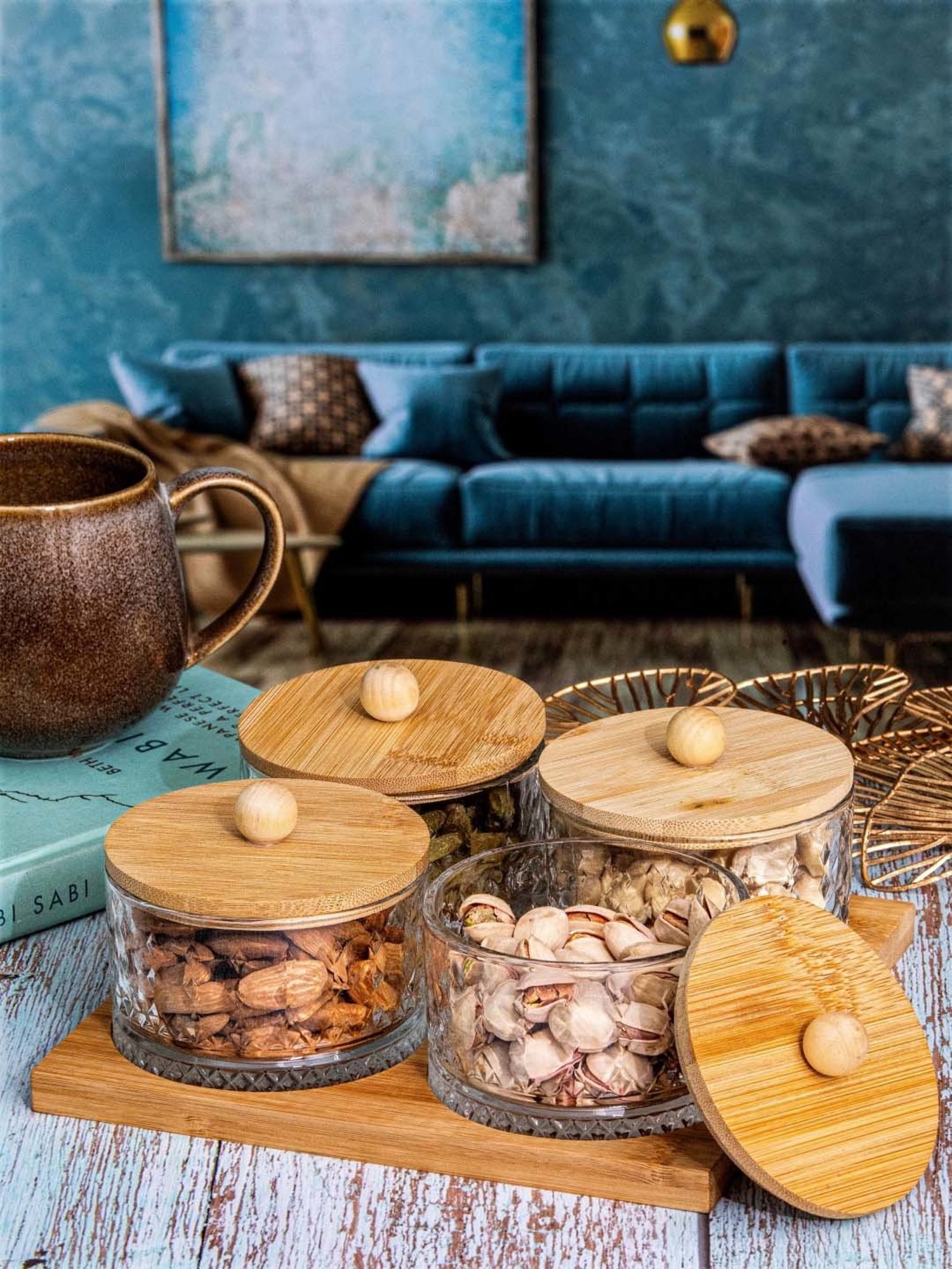 ROXX Midas Transparent & Brown Glass 4Pc Container With Lid & 1Pc Tray Set