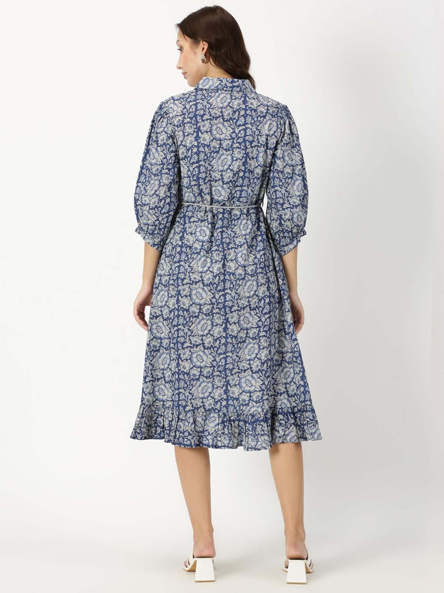 Saffron Threads Blue Cotton Floral Print Ethnic Dress