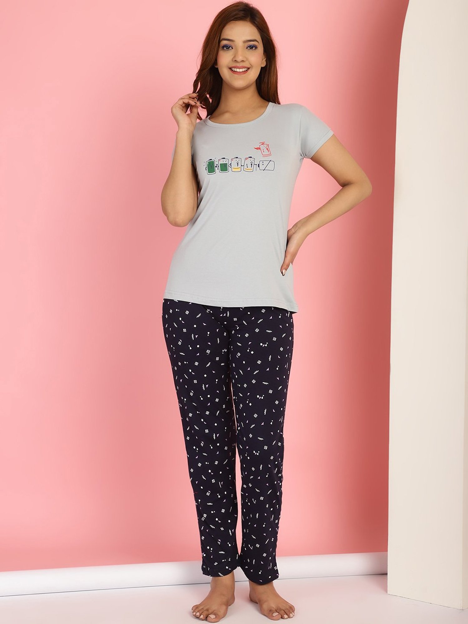 Gracit Grey & Black Cotton Printed Top With Pyjamas