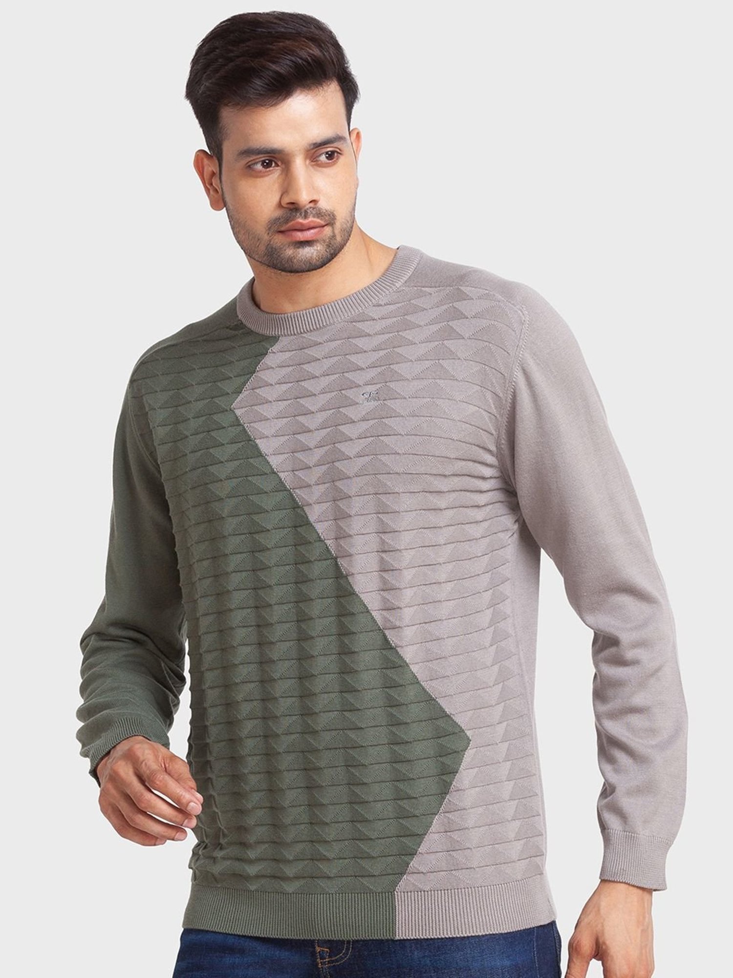 ColorPlus Multi Cotton Tailored Fit Colour Block Sweaters