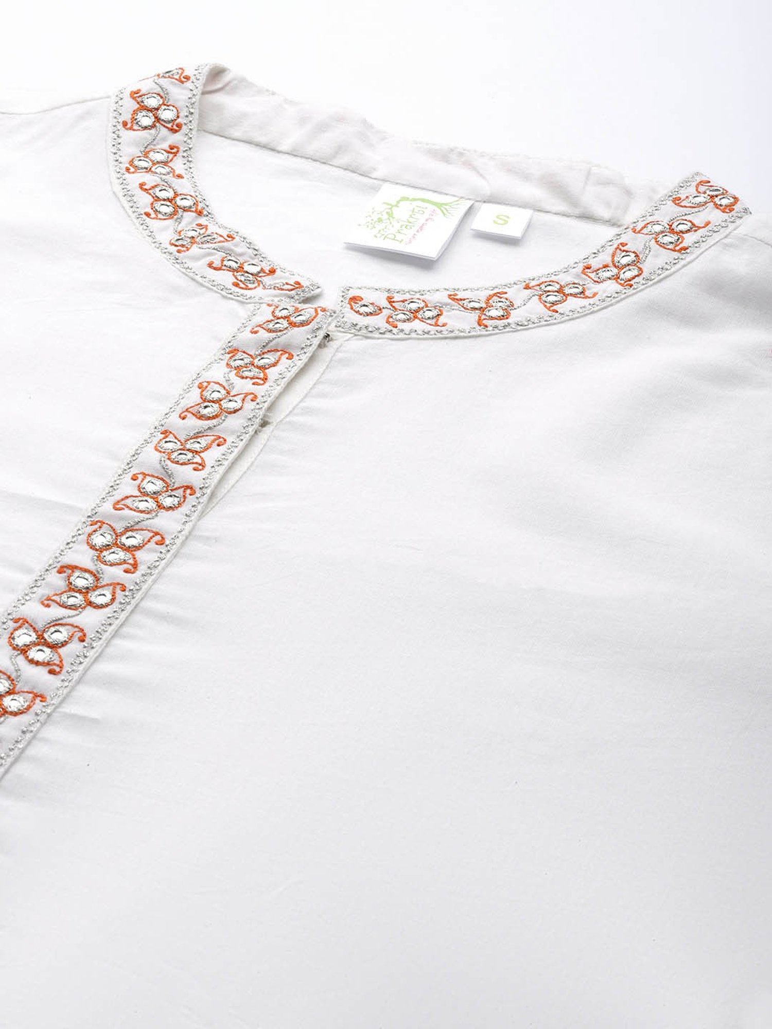 Prakrti White & Orange Cotton Embroidered Kurta & Palazzo Set
