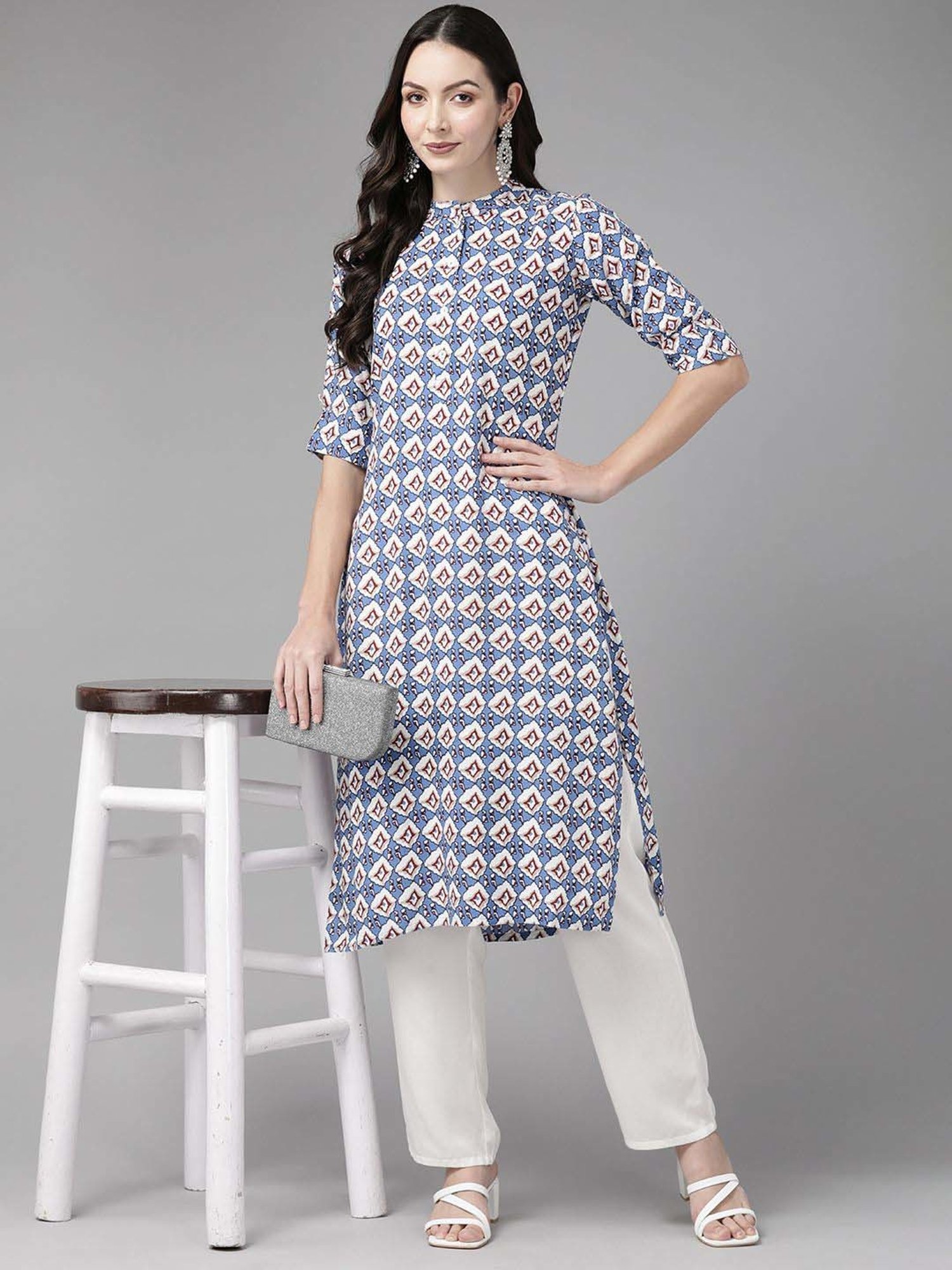 Cayman Blue Cotton Printed Straight Kurta