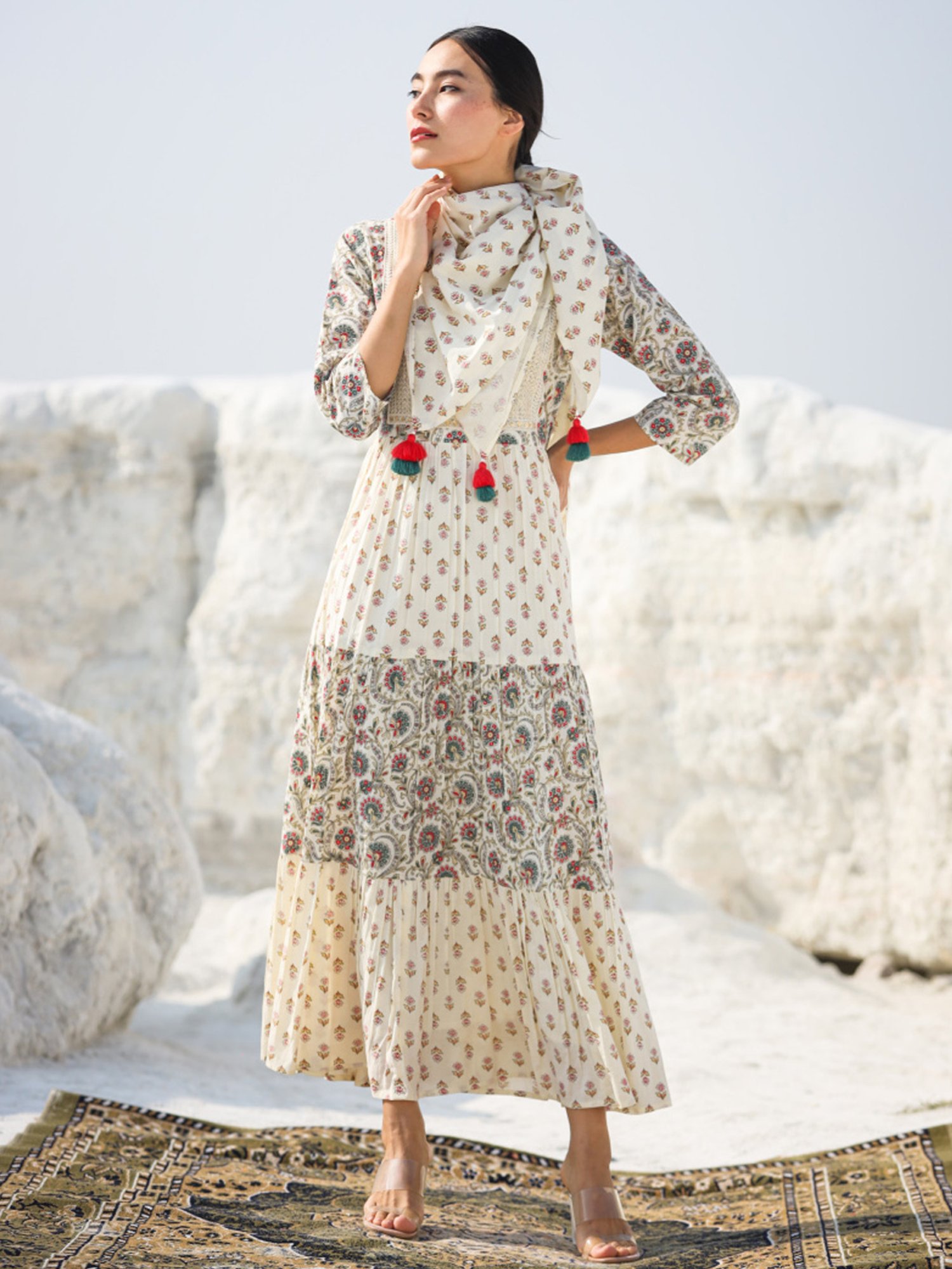 Zolo Label Off-White Cotton Embroidery A-Line Dress With Scarf