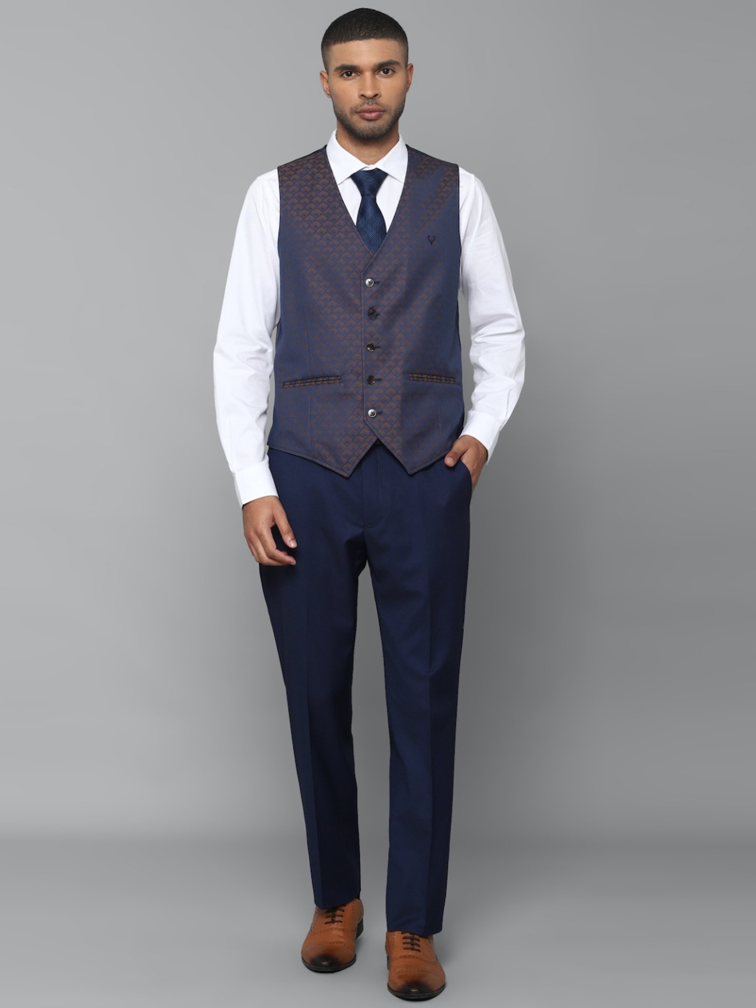 Allen Solly Navy Slim Fit Printed Three Piece Suit