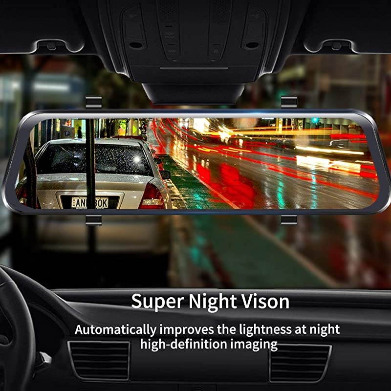 Mirror Dash Camera 10 inchs Full Touch Screen Backup Camera Mirror, Streaming Media 1080P HD Front and Rear View Mirror Dash Camera with G-Sensor and Night Vision Waterproof