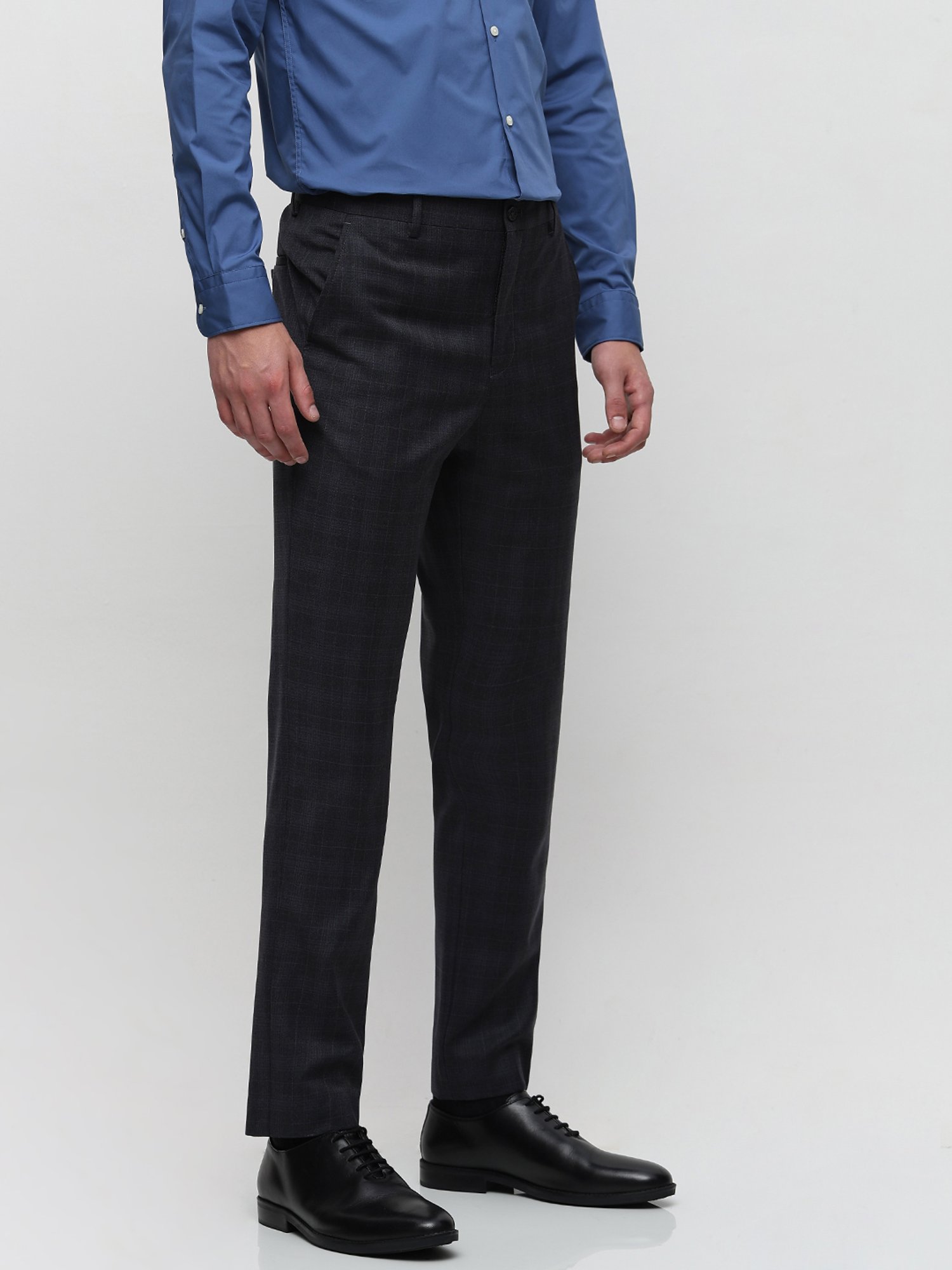 SELECTED HOMME Dark Grey Slim Fit Check Flat Front Trousers