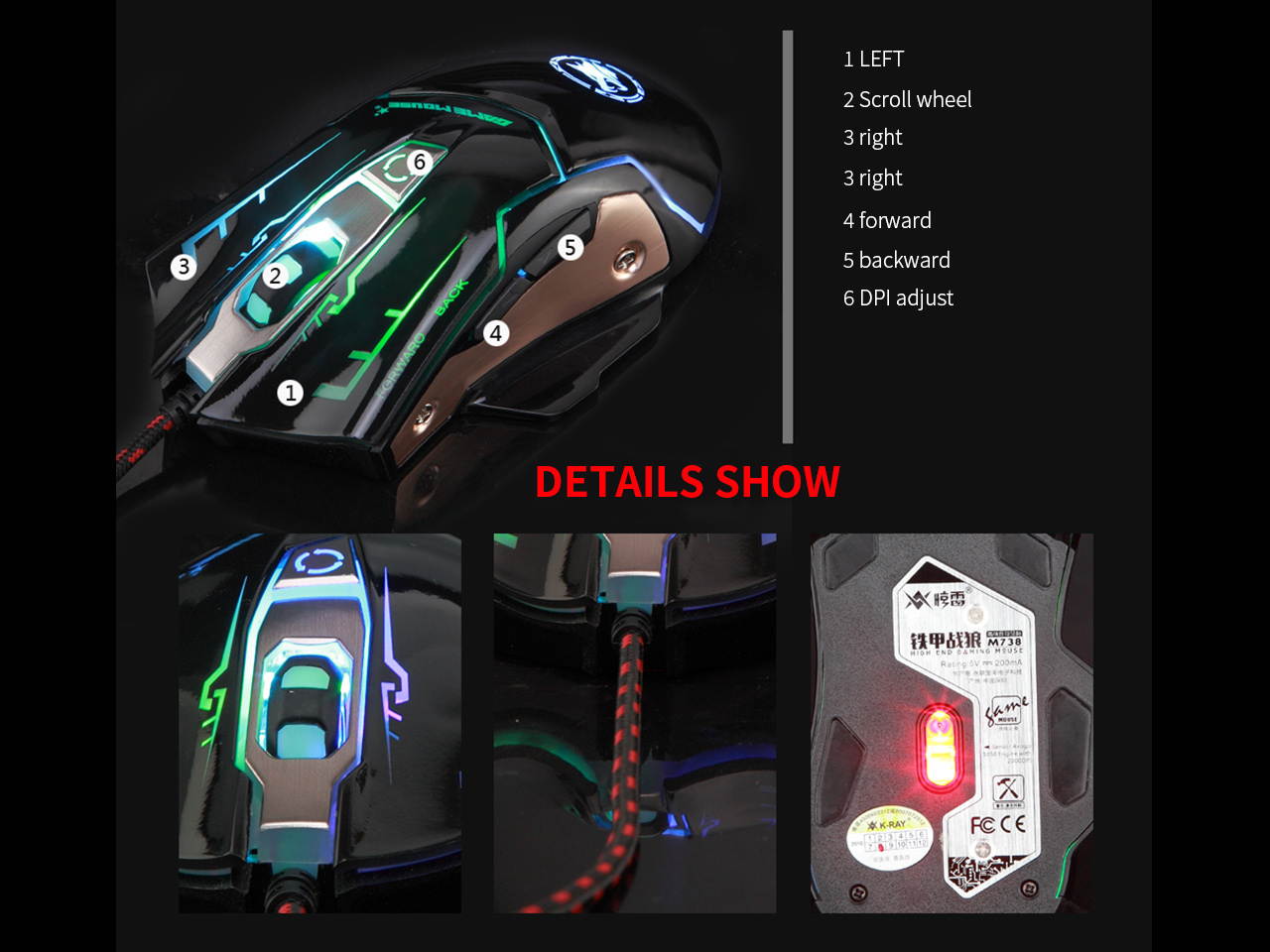 M738 Gaming Mouse Wired Breathing Light Ergonomic Game USB Computer Mice Multicolor Gamer Desktop Laptop PC Gaming Mouse, 6 Buttons Gaming Mice for Windows 7/8/10/XP Vista Linux Black