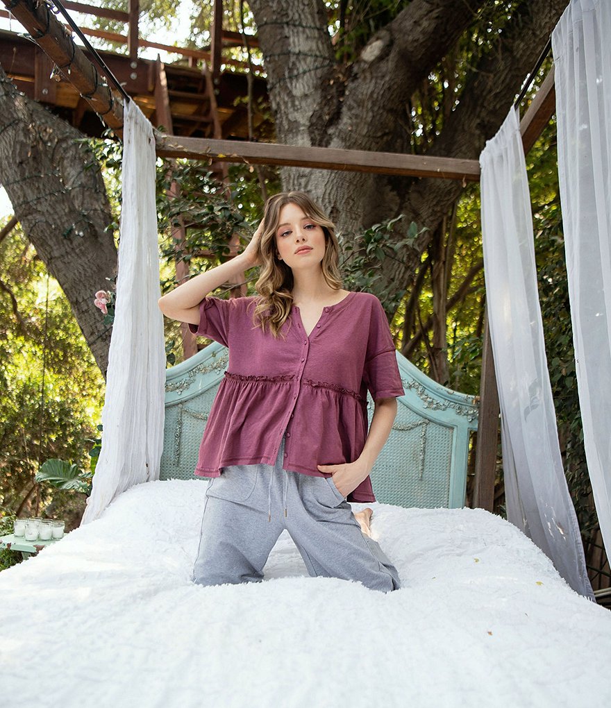 Coco + Jaimeson Short-Sleeve Button-Front Knit Babydoll Top