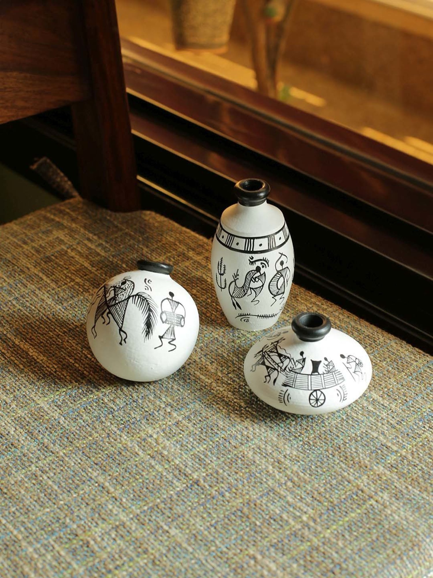 ExclusiveLane Terracotta Warli Handpainted Miniature White Pots Showpieces (Set Of 3)