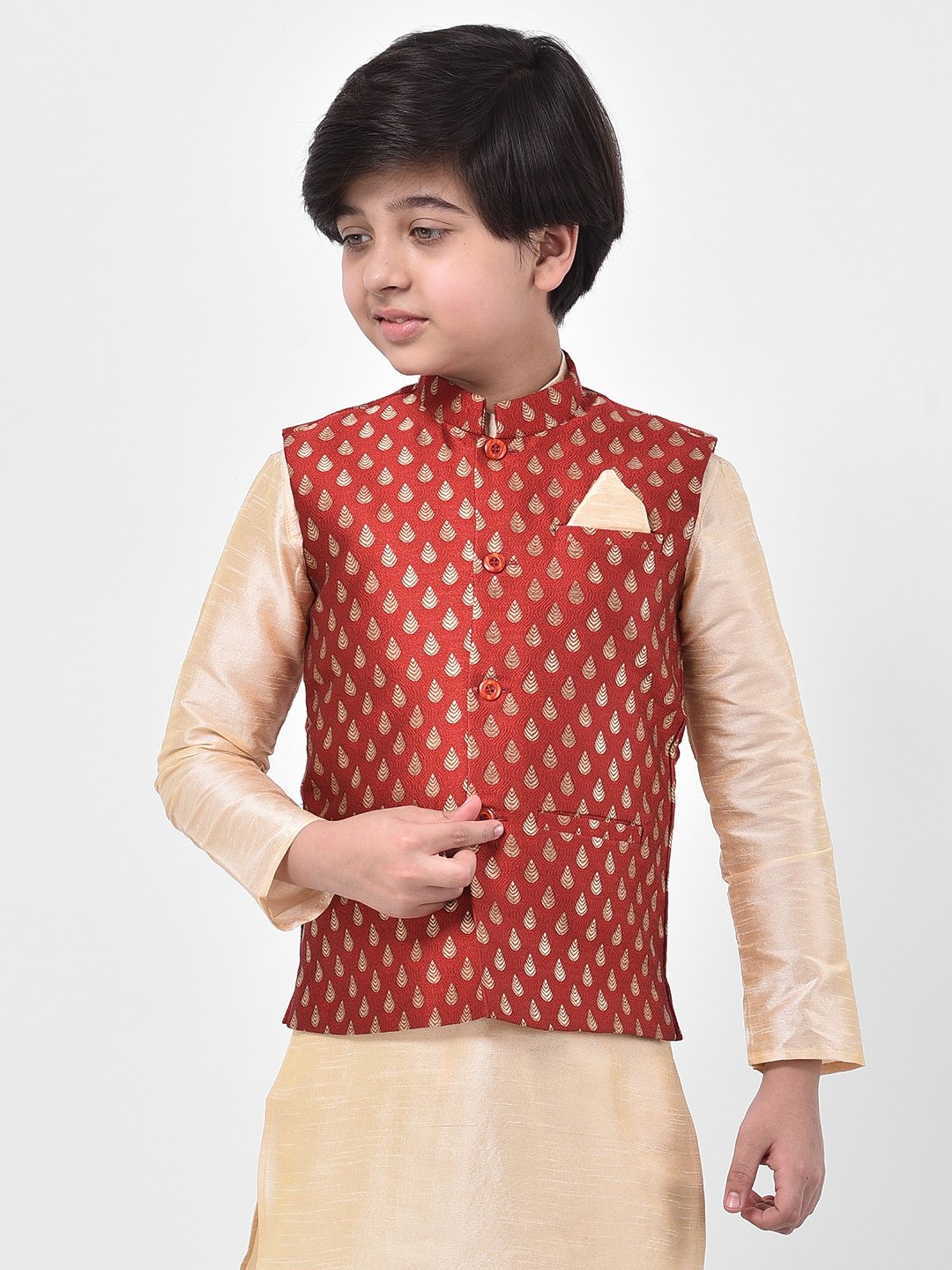 Deyann Kids Red Embroidered Nehru Jacket