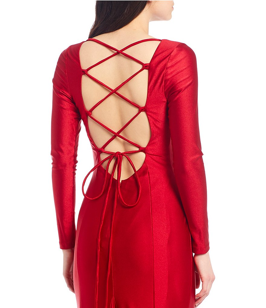 Blondie Nites Long Sleeve Lace-Up Back Stretch Satin Trumpet Dress