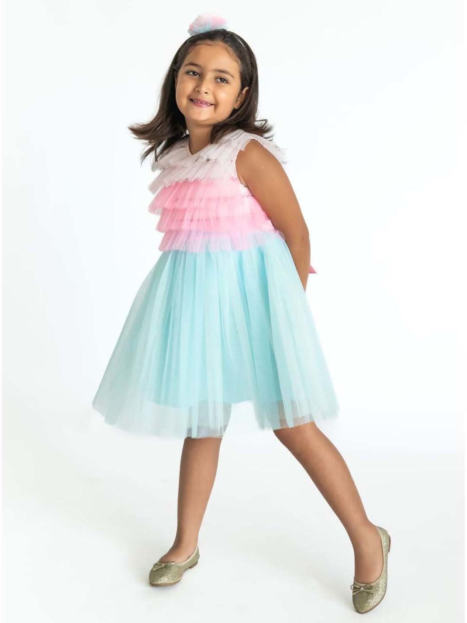 A Little Fable Kids Pink & Blue Regular Fit Dress