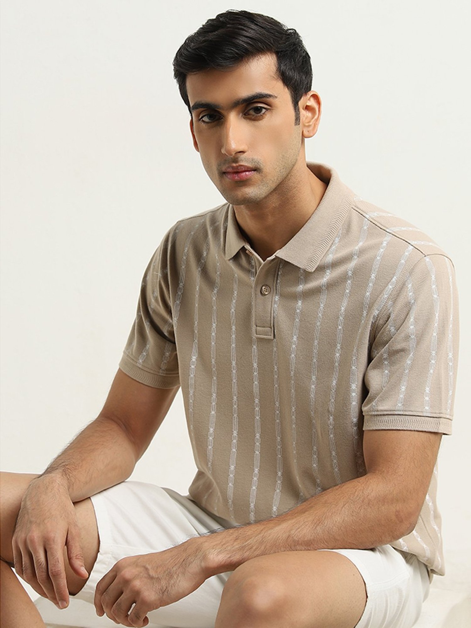 WES Casuals by Westside Light Brown Striped Relaxed-Fit Polo T-Shirt