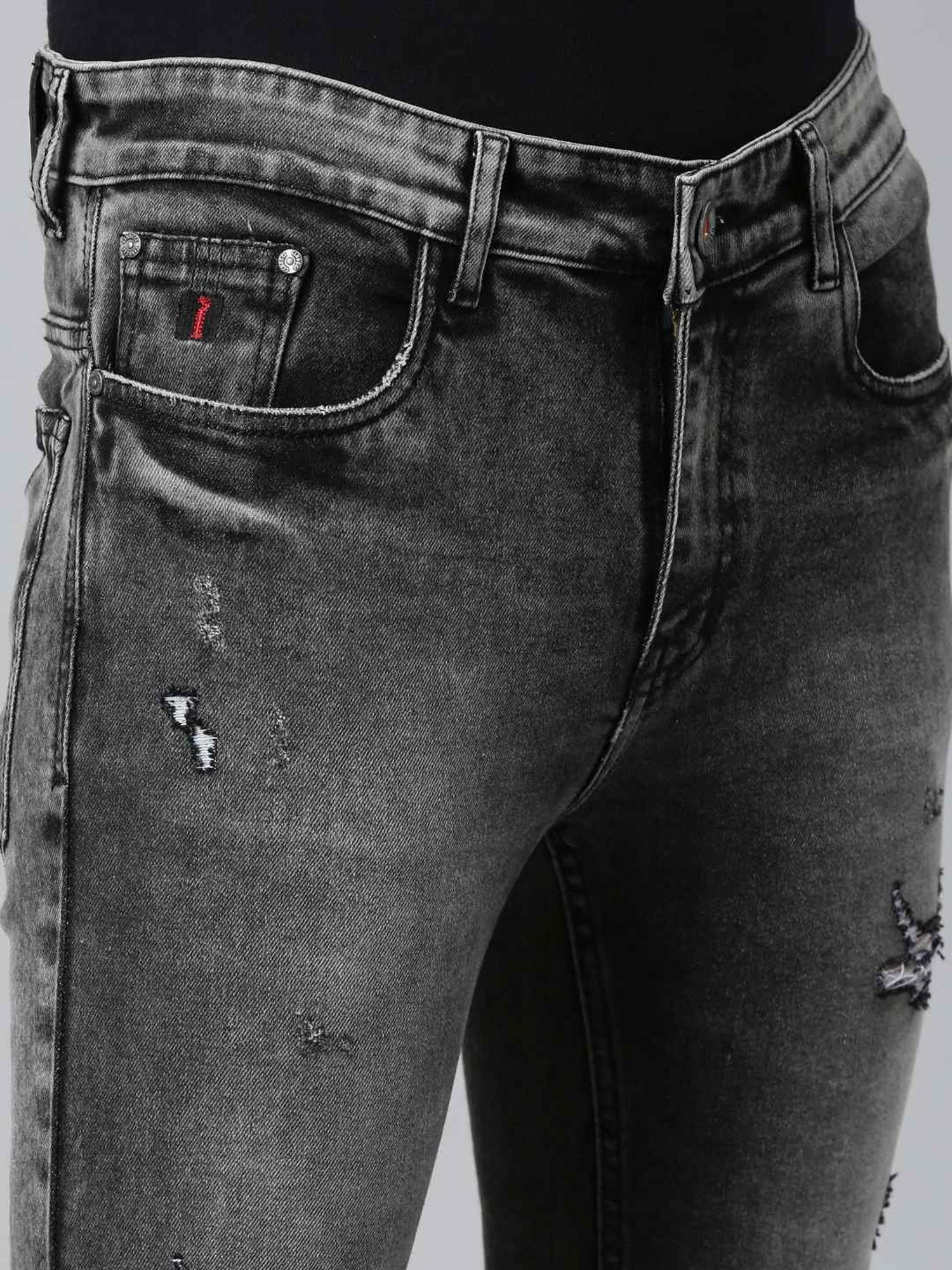 CINOCCI Mid Black Cotton Slim Fit Distressed Jeans