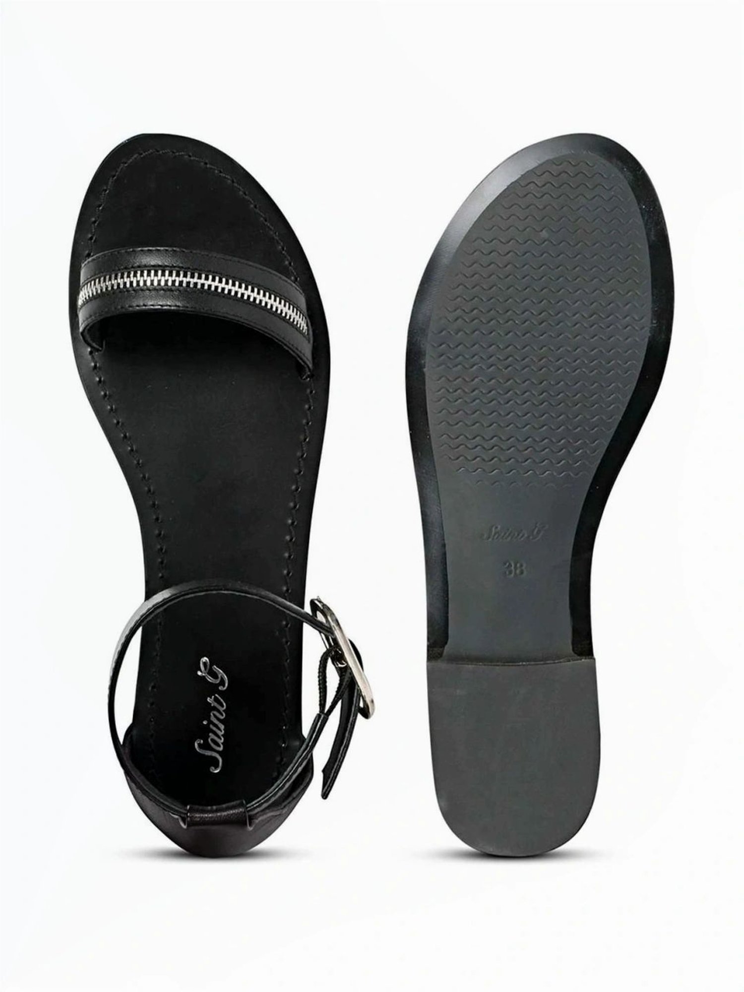 Saint G Women's Zip Decor Black Ankle Strap Sandals